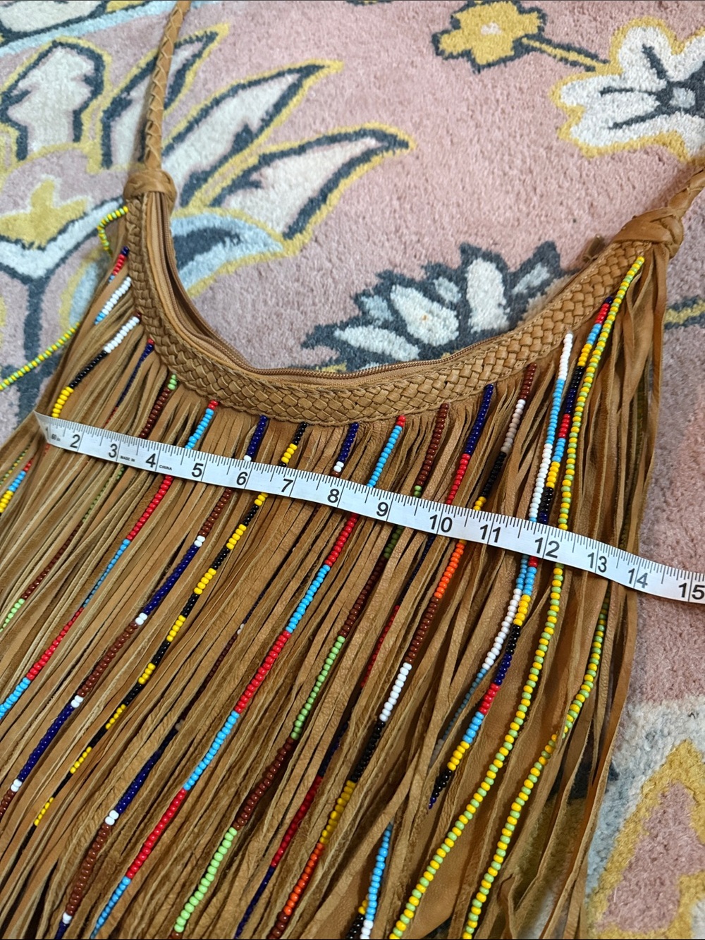 Kobler, Gypsy bag. Fringed Boho Crossbody Bag in Tan with Colorful Bead Accents - Picture 8 of 11